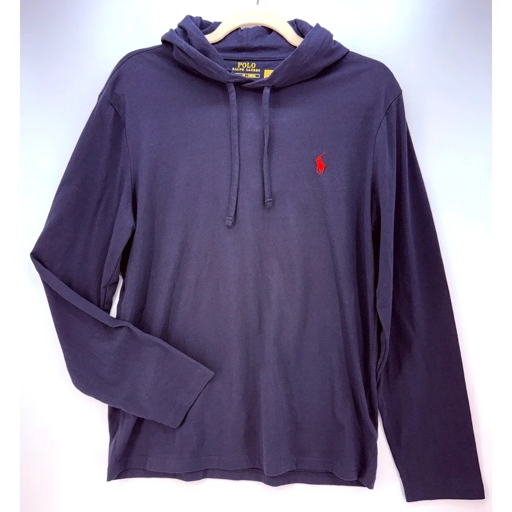 Polo Ralph Lauren Navy Hooded Long Sleeve Shirt Sz S Preppy Old Money Athleisure